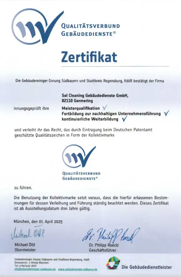 Qualitätsverbund Gebäudedienste Zertifikat – Meisterqualifikation Sol Cleaning Gebäudedienste GmbH