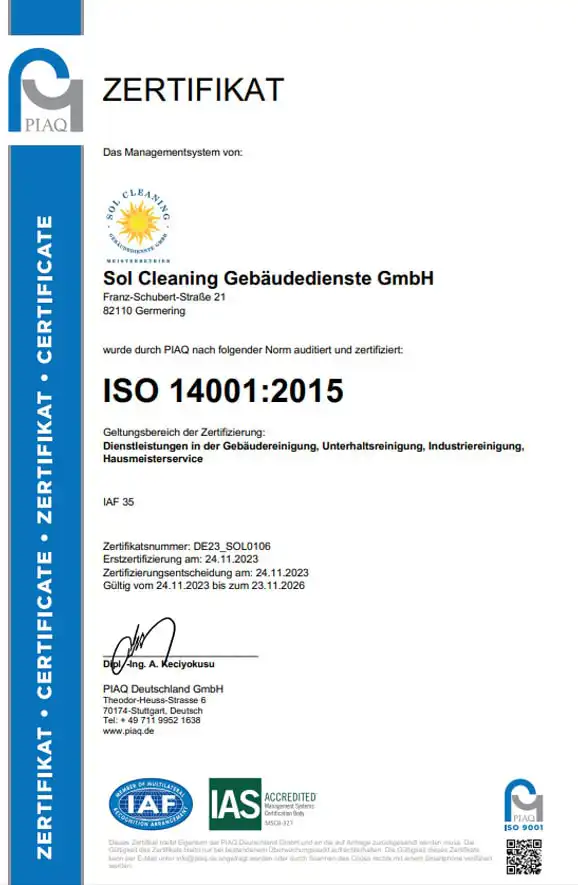 ISO 14001:2015 Zertifikat – Sol Cleaning Gebäudedienste GmbH (Umweltmanagement)