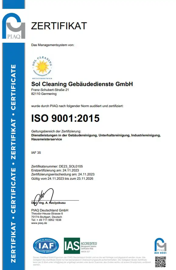 ISO 9001:2015 Zertifikat – Sol Cleaning Gebäudedienste GmbH (Qualitätsmanagement)