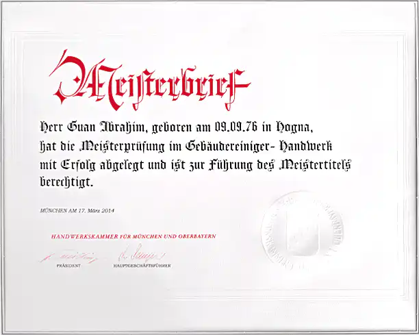 Meisterbrief sol cleaning