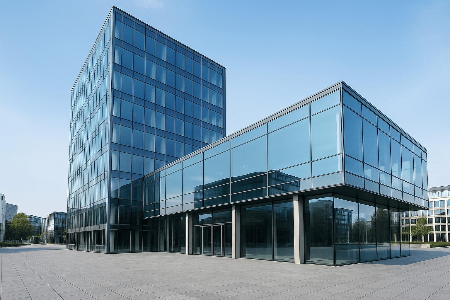 Modernes Bürogebäude in München mit sauberer, glänzender Glasfassade