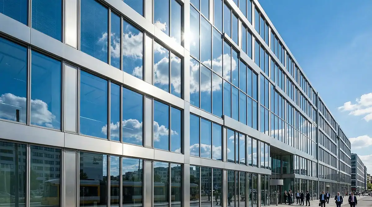 Moderne Glasfassade eines Bürogebäudes in München, gereinigt von der Reinigungsfirma SOL CLEANING.