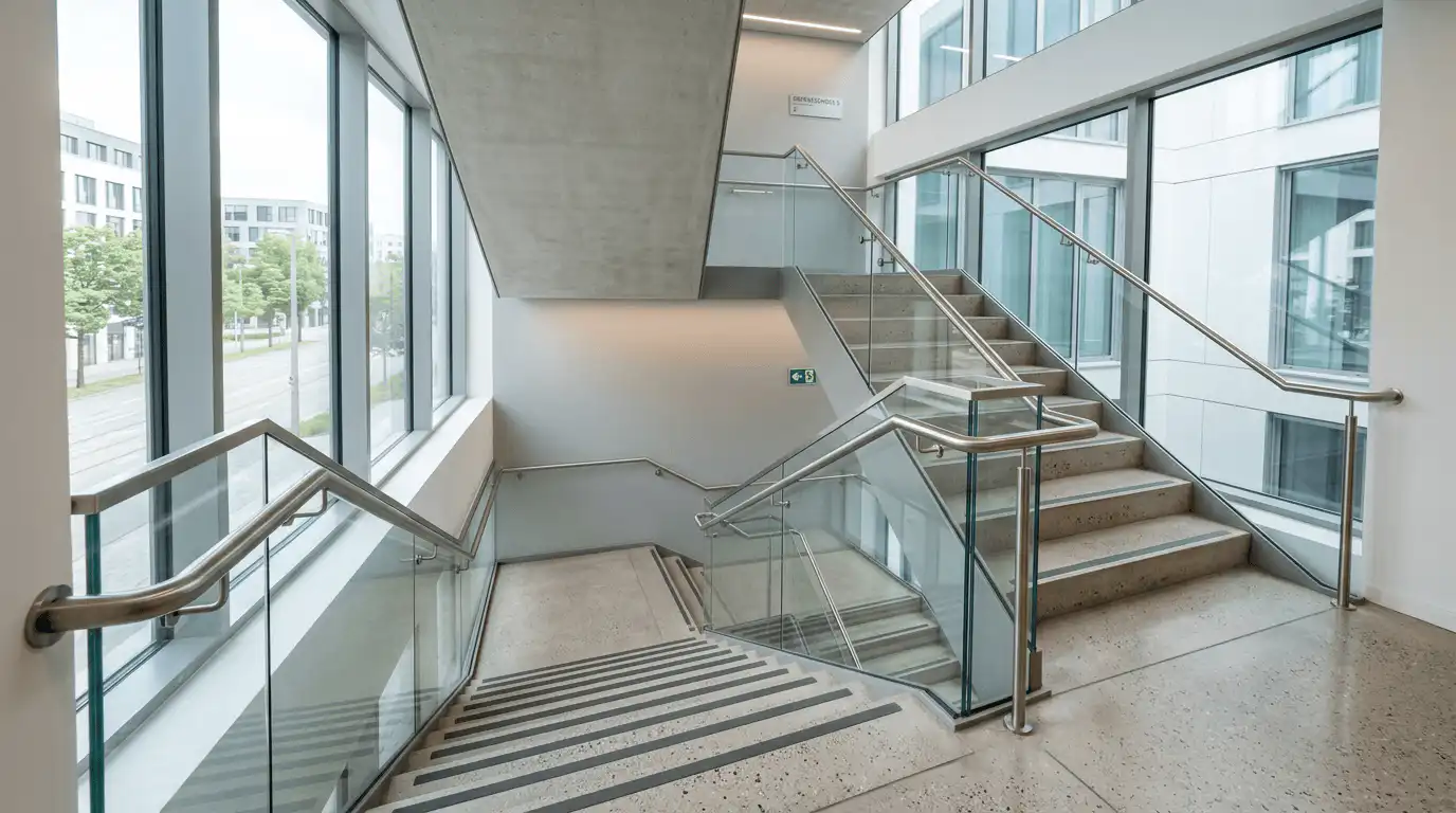 Sauberes Treppenhaus in einem Münchner Bürogebäude nach professioneller Unterhaltsreinigung durch Reinigungsfirma.