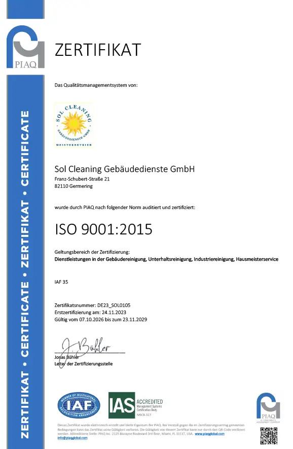 Zertifizierungen 5 ISO 9001 2015 Qualitätsmanagement Zertifikat SOL CLEANING